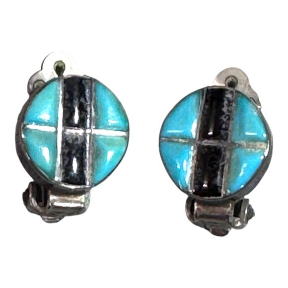 Genuine Indian Handcrafted Sterling Inlaid Turquoise Black Onyx Clip-On Earrings - Picture 2 of 7